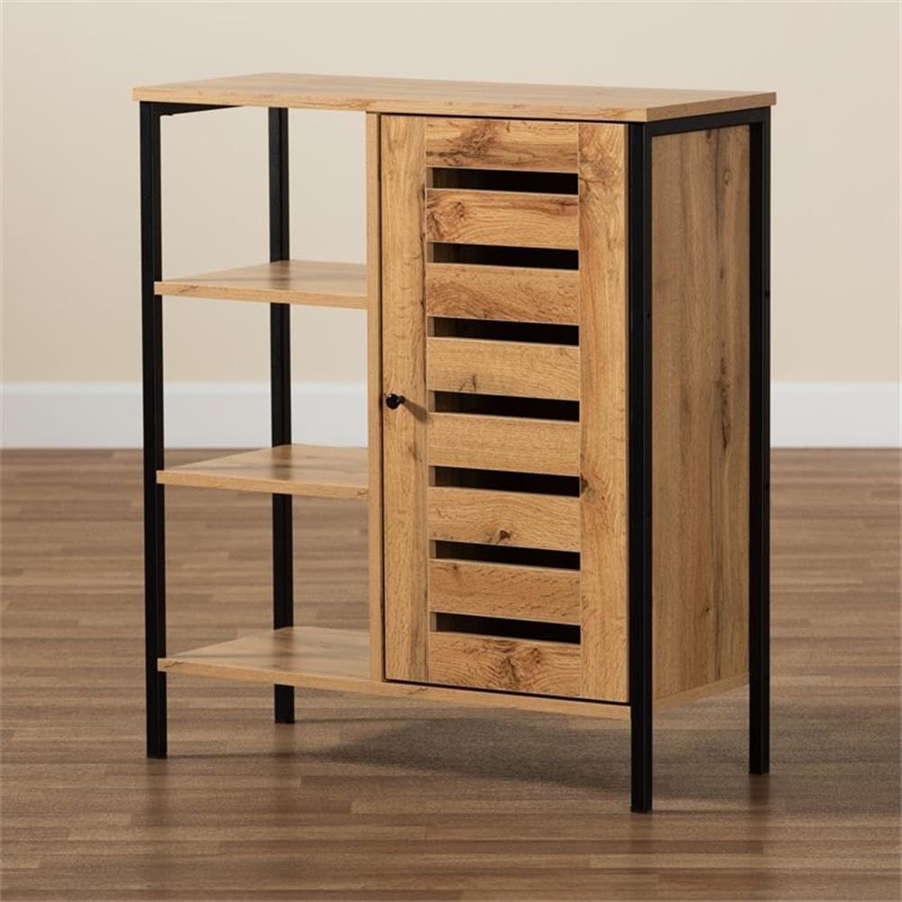 Baxton Studio Vander Modern and Contemporary Oak Brown Finished Wood and Black Finished Metal 1-Door Shoe Storage Cabinet