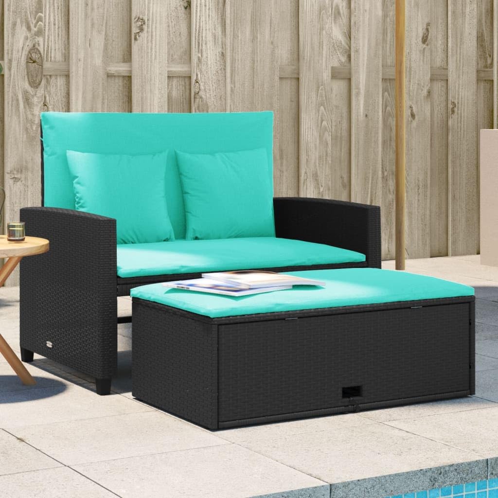 vidaXL Black Patio Sofa with Cushions - 2-Seater Storage Bench/Sofa Bed - Outdoor Garden Furniture with Footstool - Weather-Resistant PE Rattan - Includes Removable Blue Cushions for Comfort