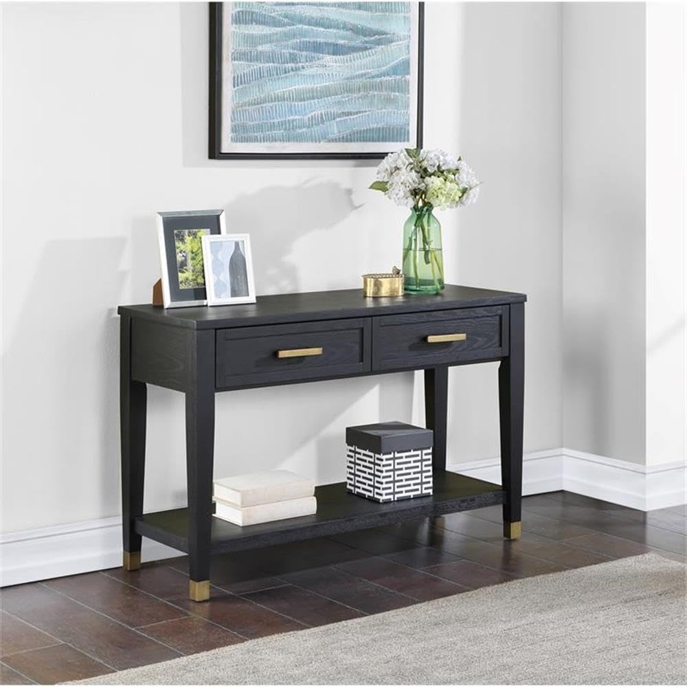 Steve Silver Co Yves Modern Console Sofa Dual Drawers, Bottom Shelf Table, 48 x 18 x 30, Rubbed Charcoal with Brushed Brass Accents