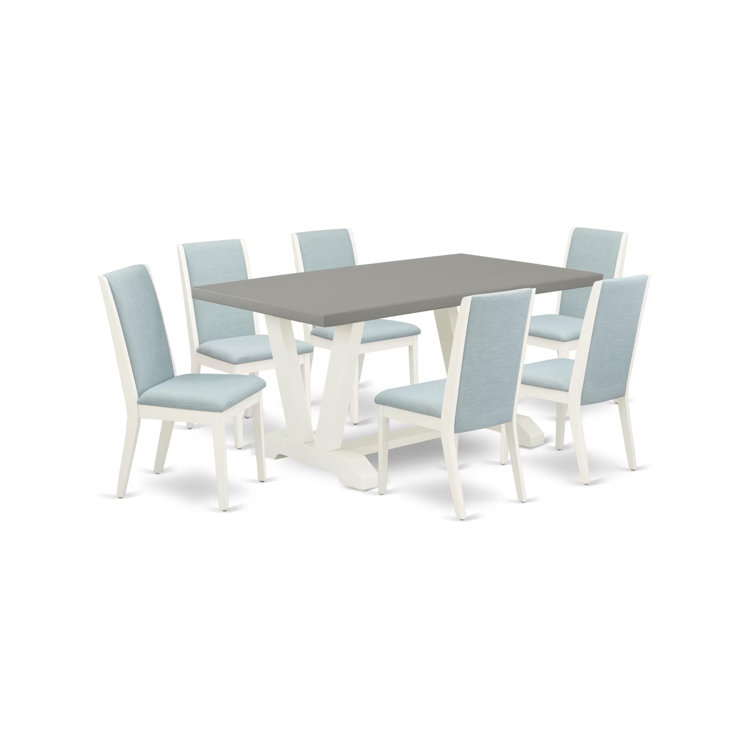 East West Furniture V096La015-7 7 Piece Modern Dining Table Set Consist Of A Rectangle Wooden Table With V-Legs And 6 Baby Blue Linen Fabric Parson Dining Chairs, 36X60 Inch, Multi-Color