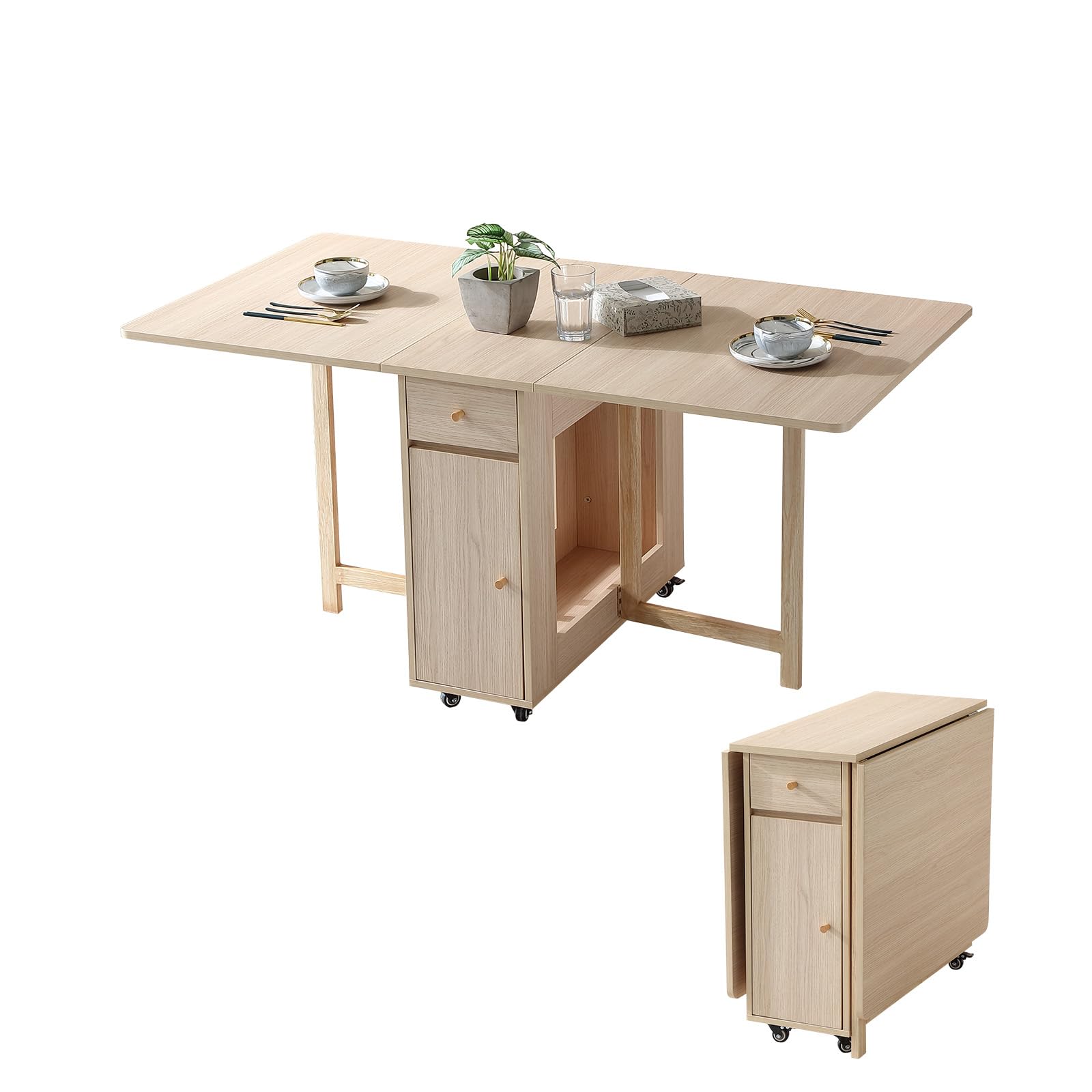 COMUHOME Extendable Drop Leaf Folding Dining Table with 2 Drawers and 4 Wheels for Living Room Kitchen Farmhouse Space Saving Ta
