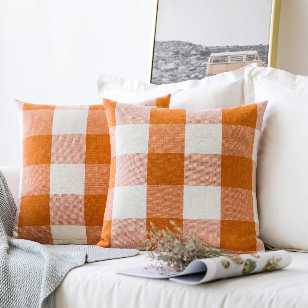 Miulee Fall Pack Of 2 Classic Farmhouse Buffalo Check Plaids Linen Soft Solid Orange And White Decorative Throw Pillow Covers Ou