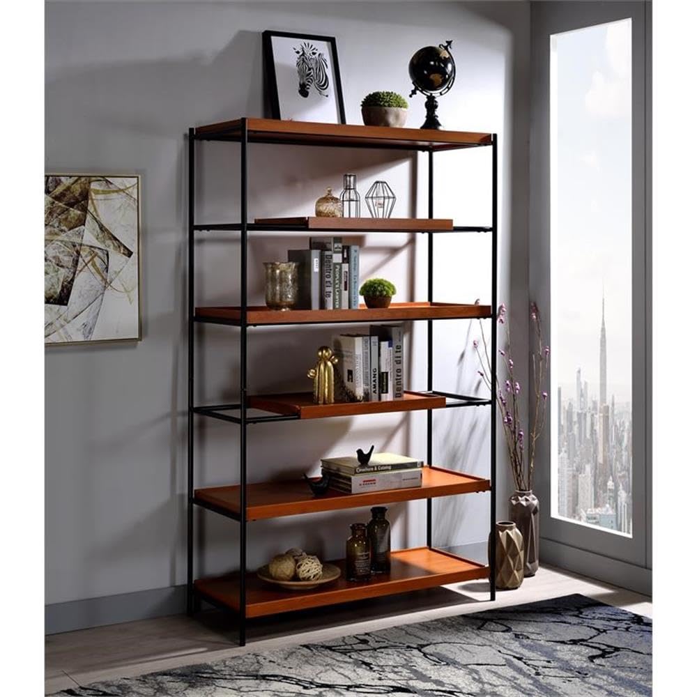 Acme Oaken 5 Wooden Shelves Rectangular Bookshelf In Honey Oak And Black