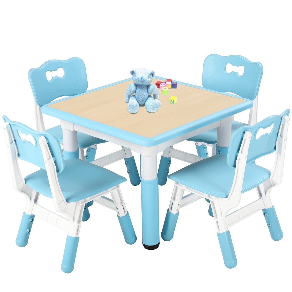 Funlio Kids Table And 4 Chairs Set, Height Adjustable Toddler Table And Chair Set For Ages 3-8, Easy To Wipe Arts & Crafts Table, For Classrooms/Daycares/Homes, Cpc & Ce Approved (5-Piece Set) - Blue