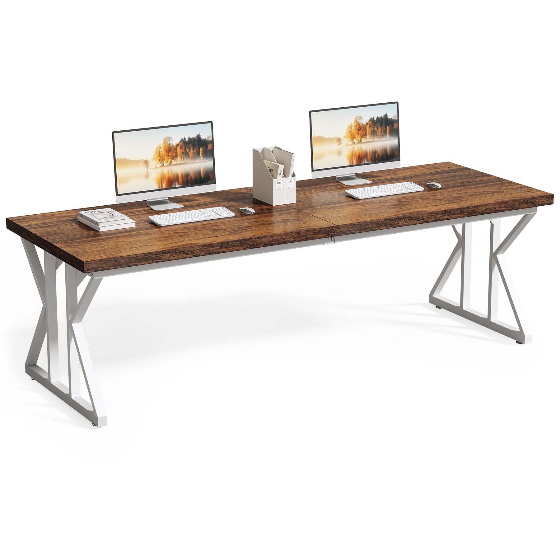 LITTLE TREE 78.7 Inch Large Executive Desk, Modern Computer Office Desk, Wooden Writing Desk Study Table for Home Office, Rustic
