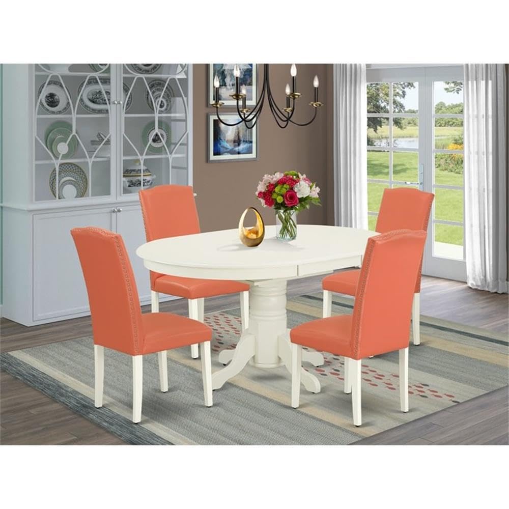 East West Furniture Aven5-Lwh-78 5 Piece Kitchen Table Set For 4 Includes An Oval Butterfly Leaf Dining Table And 4 Pink Flamingo Faux Leather Upholstered Chairs, 42X60 Inch, Linen White