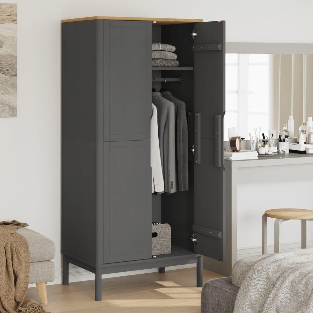 vidaXL Wardrobe Floro - Gray Solid Pine Wood - 30.3x20.9x67.3 - Bedroom Closet with Practical Doors & Ample Storage Space - Modern Style