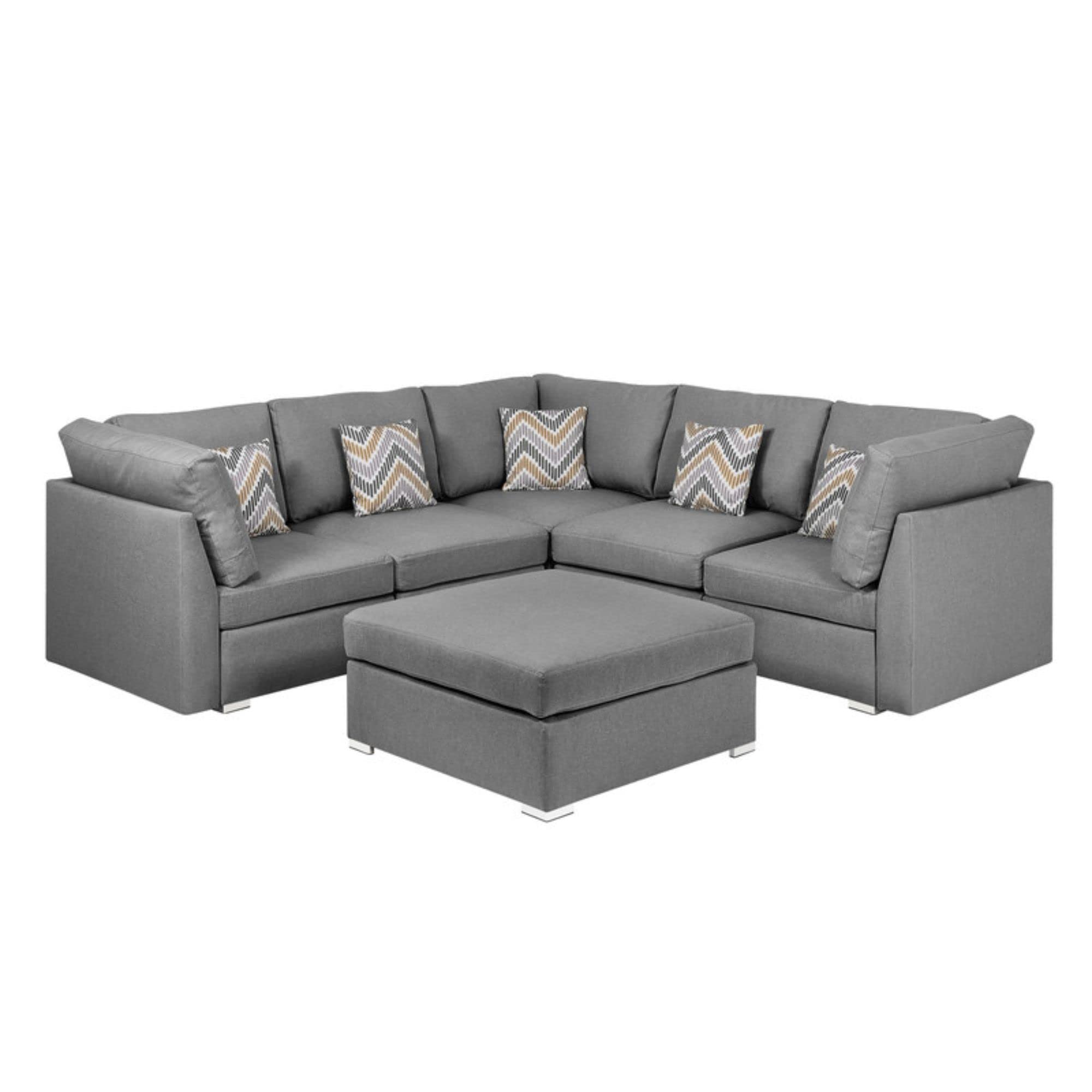 Lilola Home Amira Gray Fabric Reversible Modular Sectional Sofa with USB Console and Ottoman - Thumbnail 3