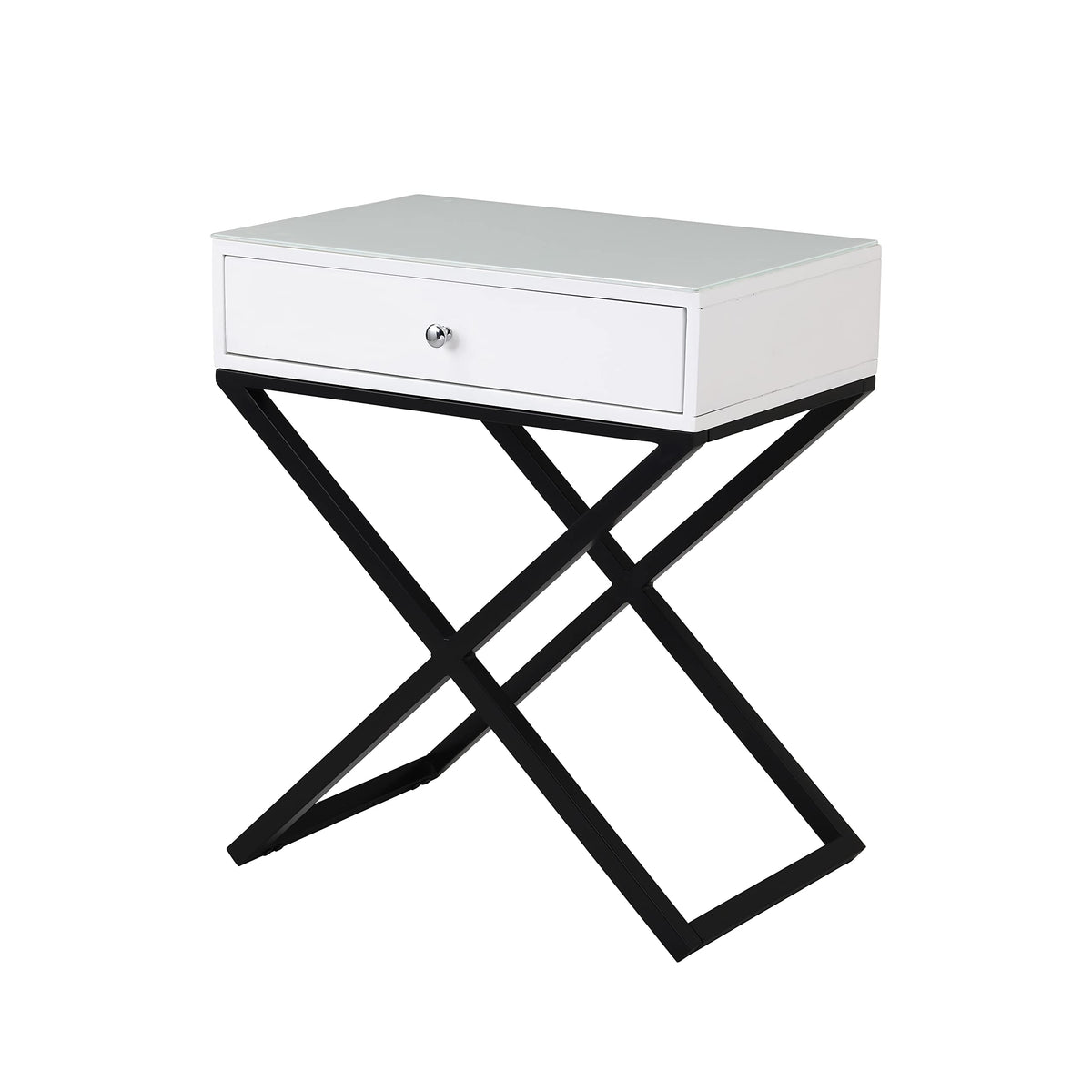 Lilola Home Koda White Wooden End Side Table Nightstand with Glass Top, Drawer and Metal Cross Base