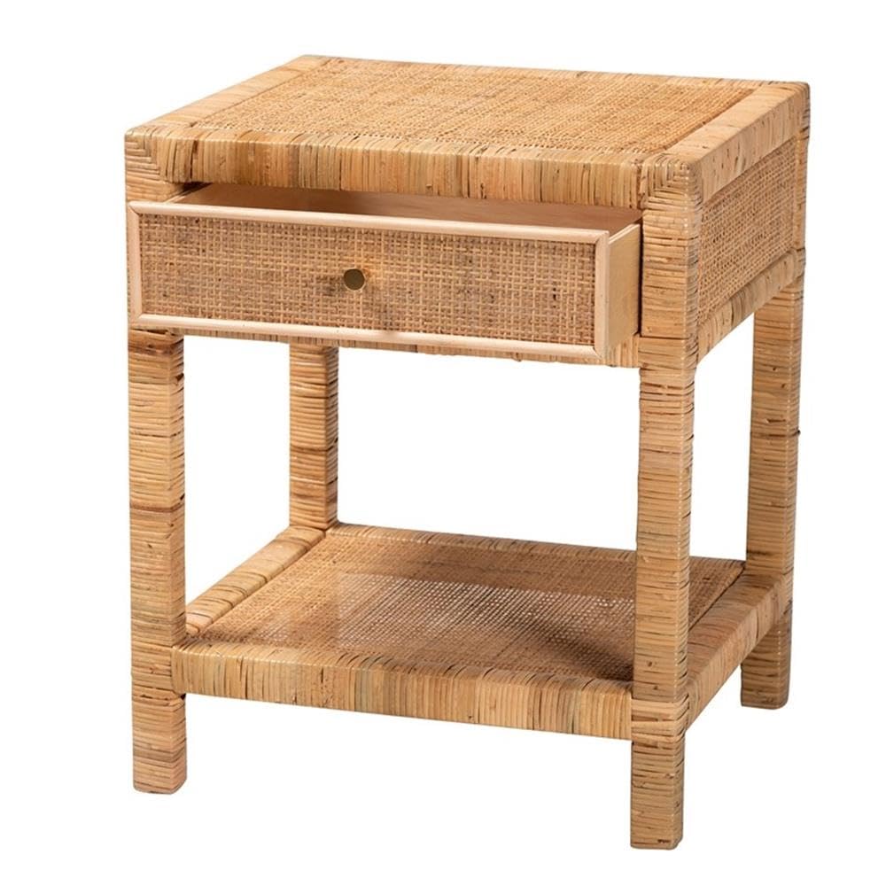 Baxton Studio Adelia Modern Bohemian Natural Rattan and Mahogany Wood 1-Drawer Nightstand