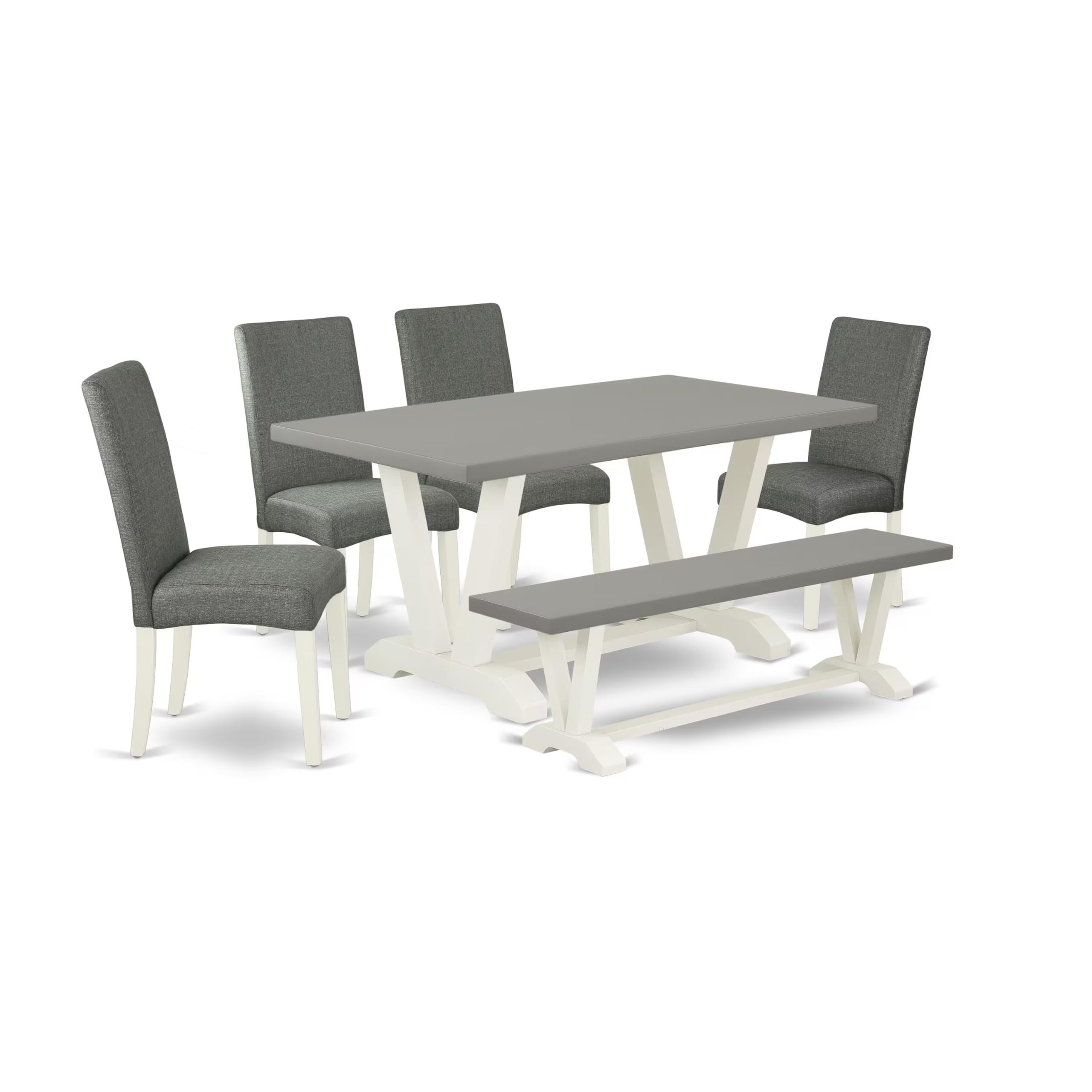 East West Furniture V096Dr207-6 6 Piece Kitchen Table Set Contains A Rectangle Dining Table With V-Legs And 4 Gray Linen Fabric Parson Chairs With A Bench, 36X60 Inch, Multi-Color