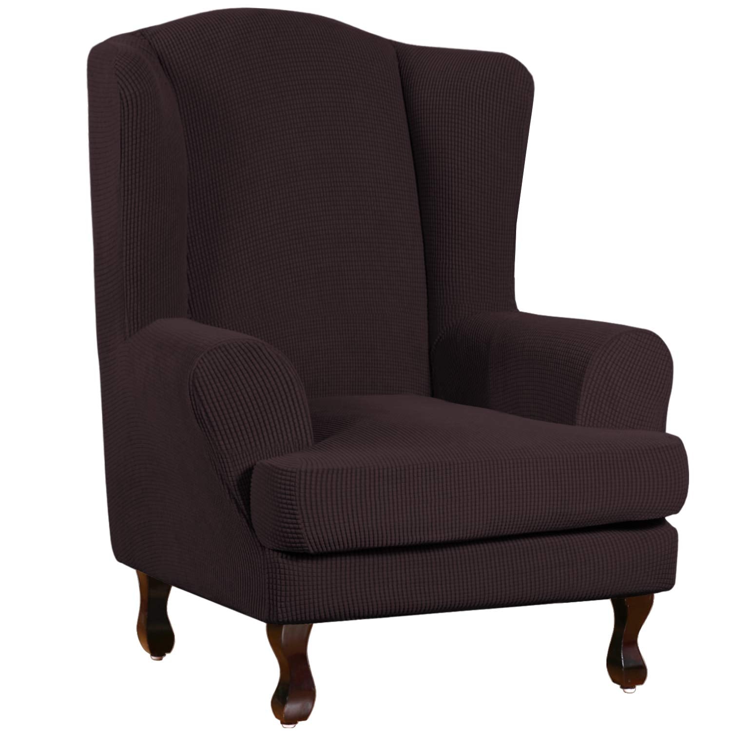 Turquoize Wingback Chair Covers 2 Piece Wing Chair Slipcover Stretch Slipcovers For Wingback Chairs Wing Chair Cover Spandex Jacquard Fabric With Elastic Bottom Non-Slip Furniture Cover, Brown