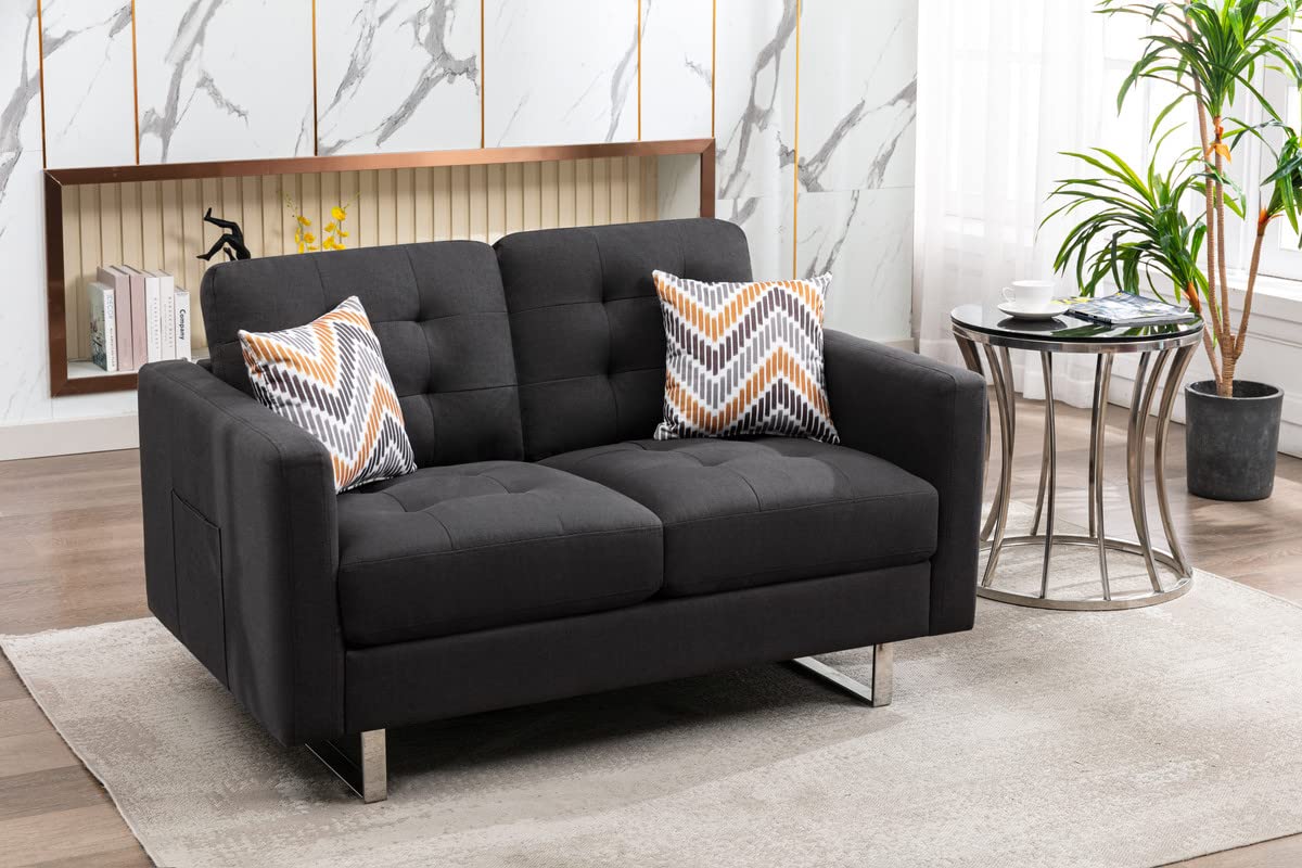 Lilola Home Victoria Dark Gray Linen Fabric Loveseat Chair Living Room Set with Metal Legs, Side Pockets, and Pillows