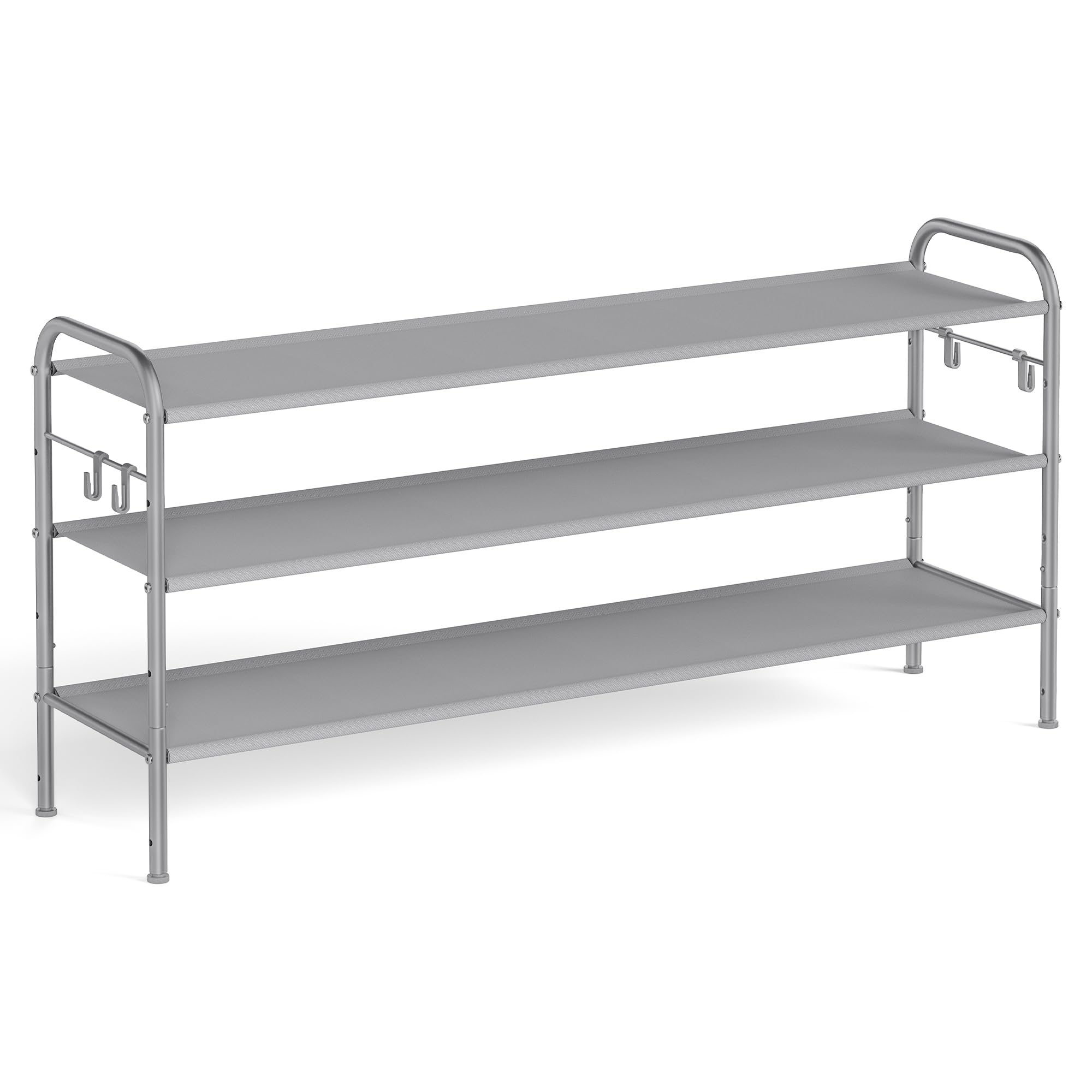 SONGMICS Shoe Rack, 3-Tier Shoe Organizer, Fabric Shoe Shelf Storage with 4 Hooks, Holds up to 18 Pairs of Shoes, Height-Adjusta