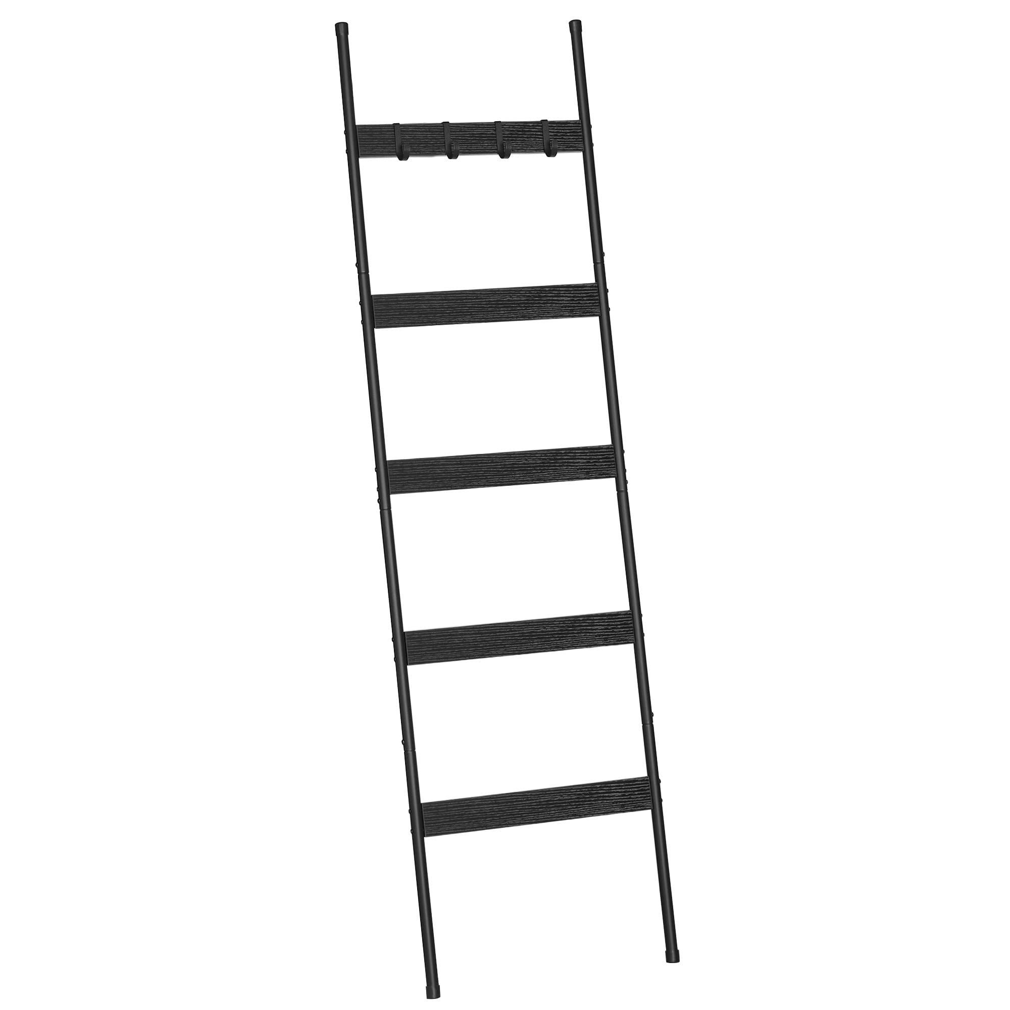 ELYKEN Blanket Ladder for Living Room, Farmhouse 5 -Tier Quilt Holder with 4 Removable Hooks for Bathroom, Wood Towel Rack Displ