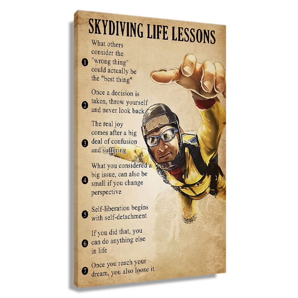 Skydiving Framed Canvas Motivational Wall Art Quotes Poster Inspirational Saying Gliding Wall Decor Vintage Skydive Life Lessons