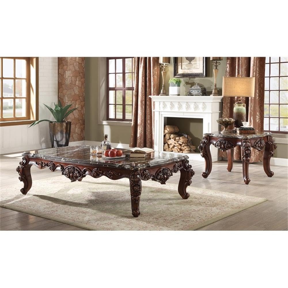 Acme Forsythia Rectangular Wooden Coffee Table in Marble and Walnut