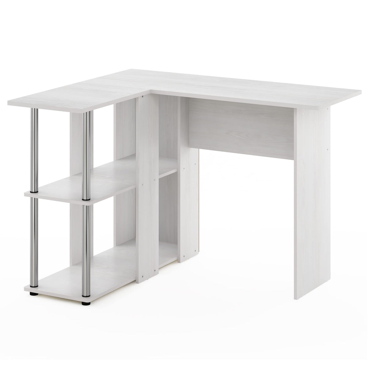 Furinno Abbott L-Shape Desk With Bookshelf, White Oak/Chrome