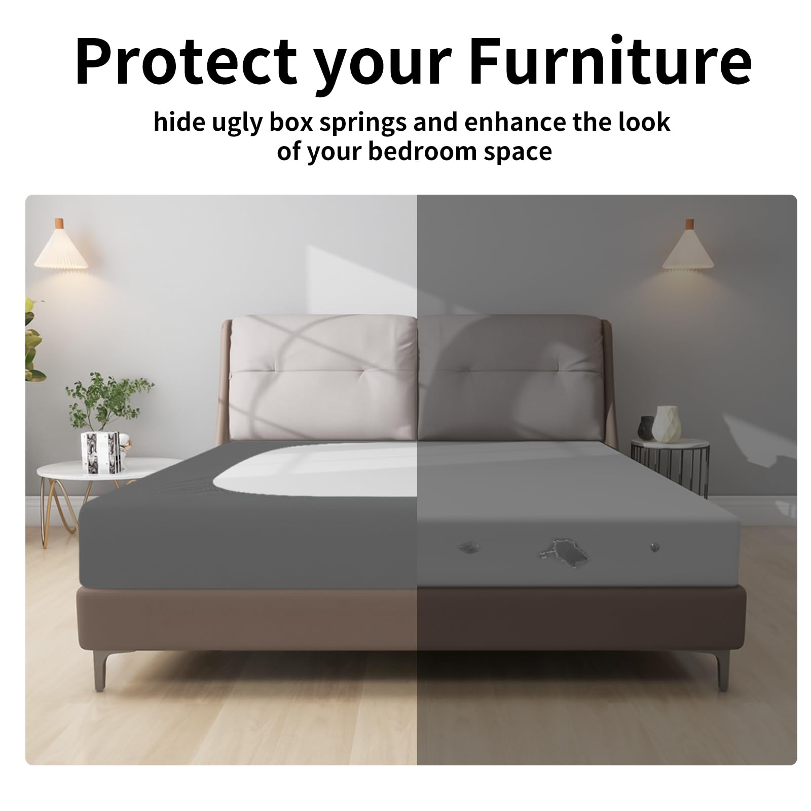 Easy-Going Box Spring Cover Queen Size, 4 Way Stretch Smooth And Elastic Wrap Around Band 4 Sides Bed Skirt, Gray