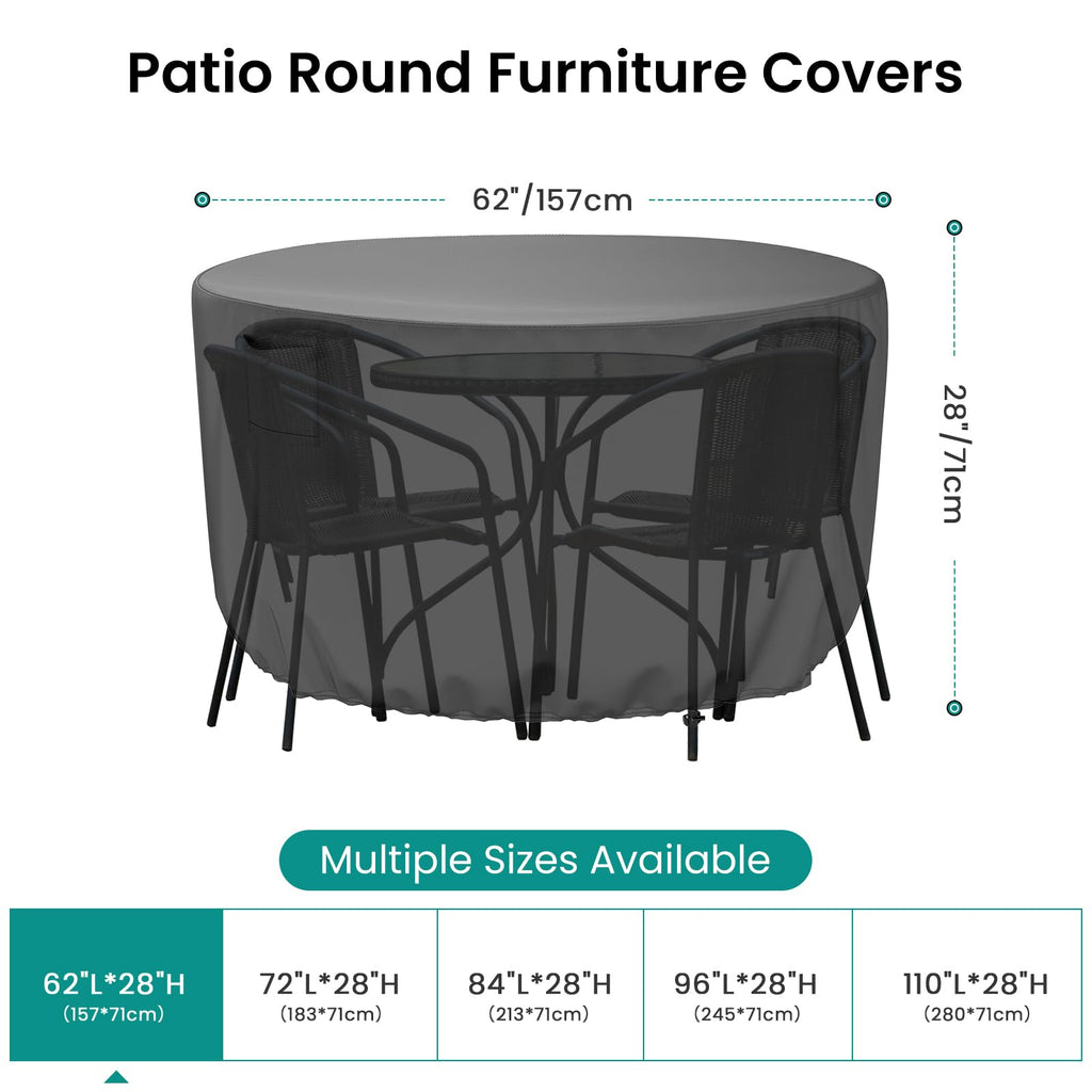Mrrihand Round Patio Furniture Cover - Outdoor Chair Covers Waterproof Heavy Duty 600D Outdoor Table Chair Set Covers Anti-Fading Cover For Outdoor Furniture Set, 62' Diax28 H, Black