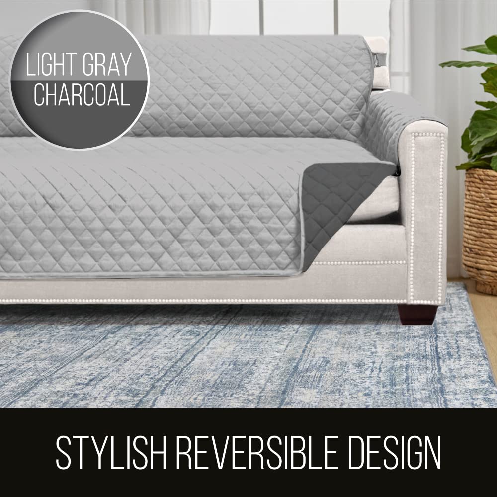 Sofa Shield Chaise Slip Cover With Patented Strap, Cushion Protector, Reversible Stain And Dog Tear Resistant Slipcover, Quilted Microfiber 102X34” Seat Washable Covers, Dogs Pet Kids Lt Gray Charcoal