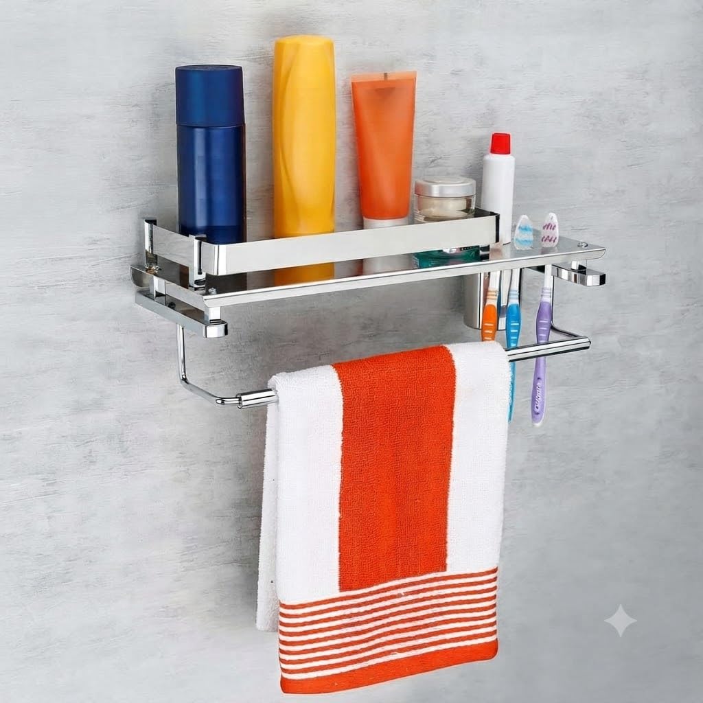 StellerExcellent Innovation Multipurpose Wall Mount Bathroom Shelf With Towel Rack | NoDrill Installation | Waterproof Organis