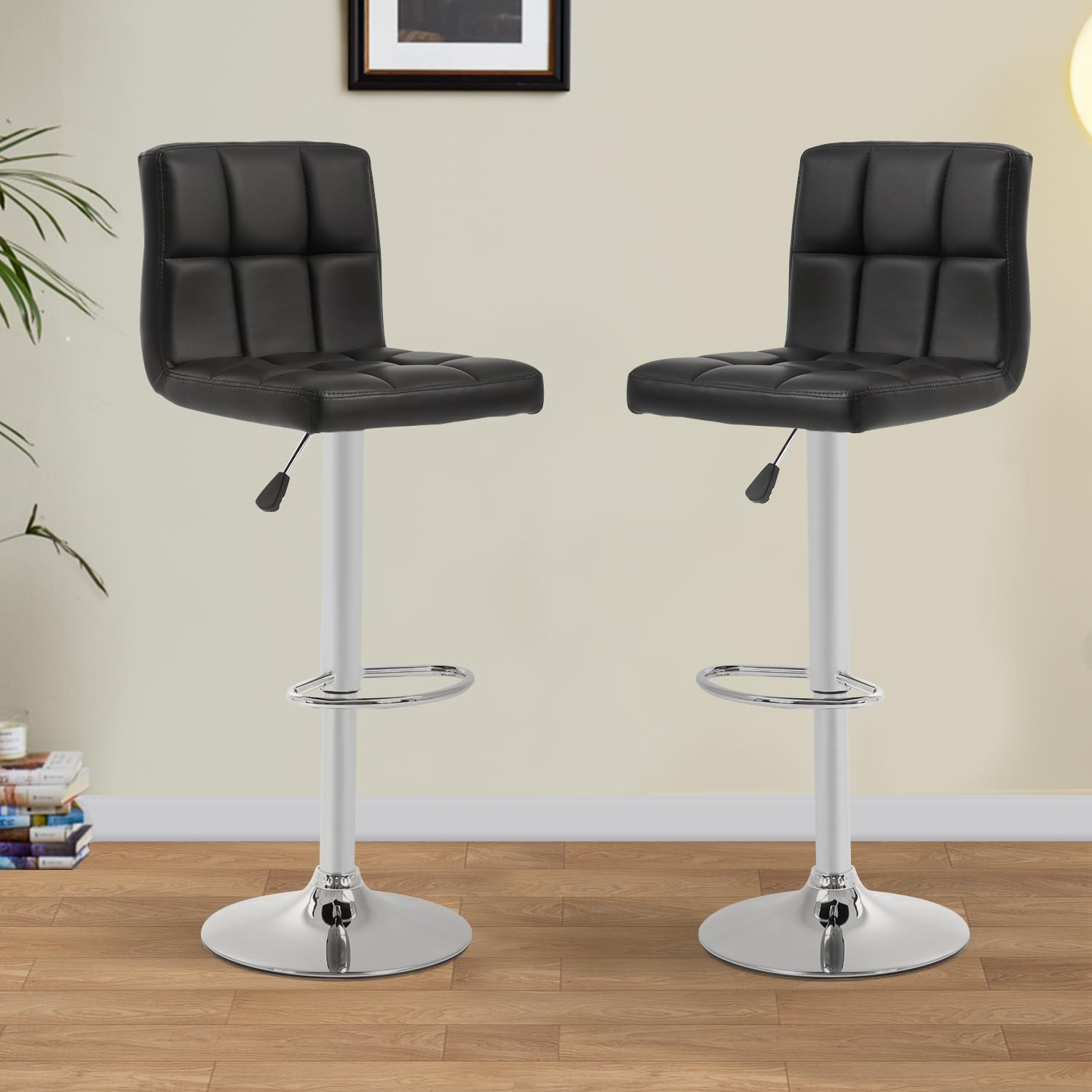 Bestoffice Bar Stools Set Of 2, Adjustable Swivel Bar Stools, Counter Height Bar Stools With Back Pu Leather Armless Hydraulic Kitchen Counter Bar Stool (Black)