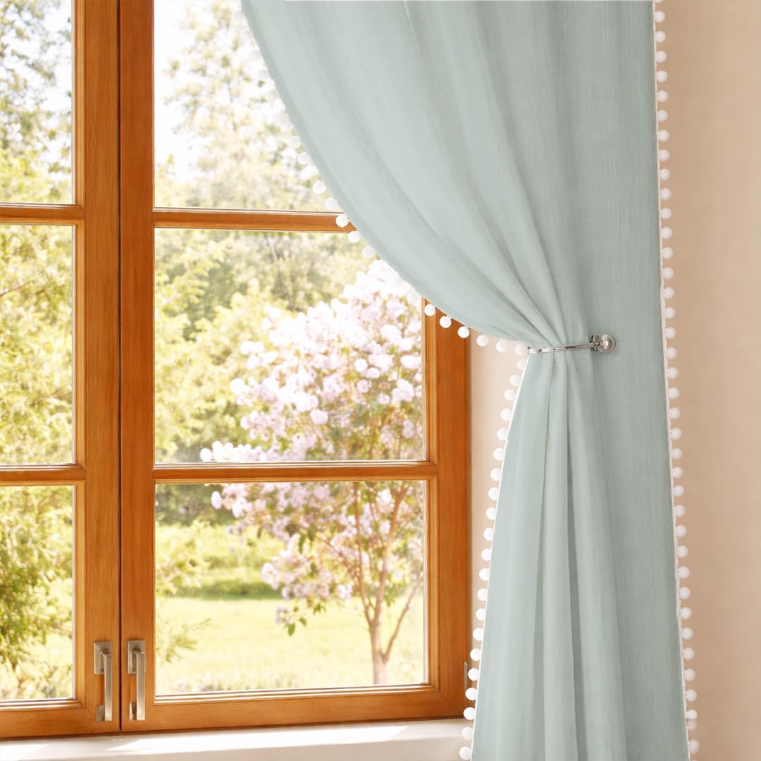 Homemonde Faux Linen Sheer Curtains With Rod Pocket Style Light Filtering 5 Feet Drapes Pack Of 2, Beautiful Border Pompoms  Si