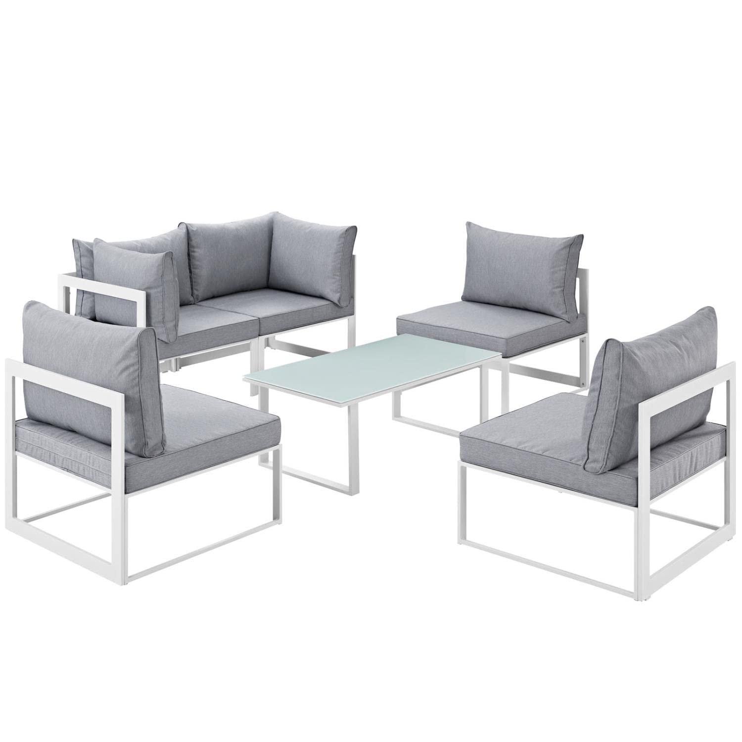 Modway Fortuna Aluminum 6-Piece Outdoor Patio Sectional Sofa Furniture Set With Cushions In White Gray