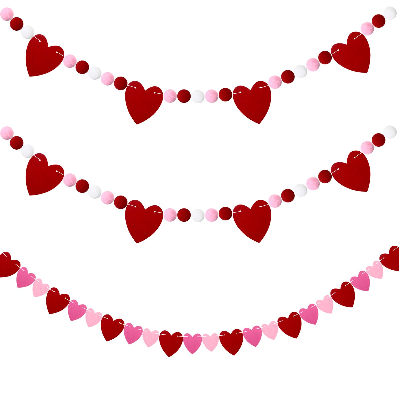 Leinuosen 3 Pack Valentines Day Felt Garland 6 ft Pink and Red Heart Garland Felt Pom Ball Banner Valentines Decoration for Mant