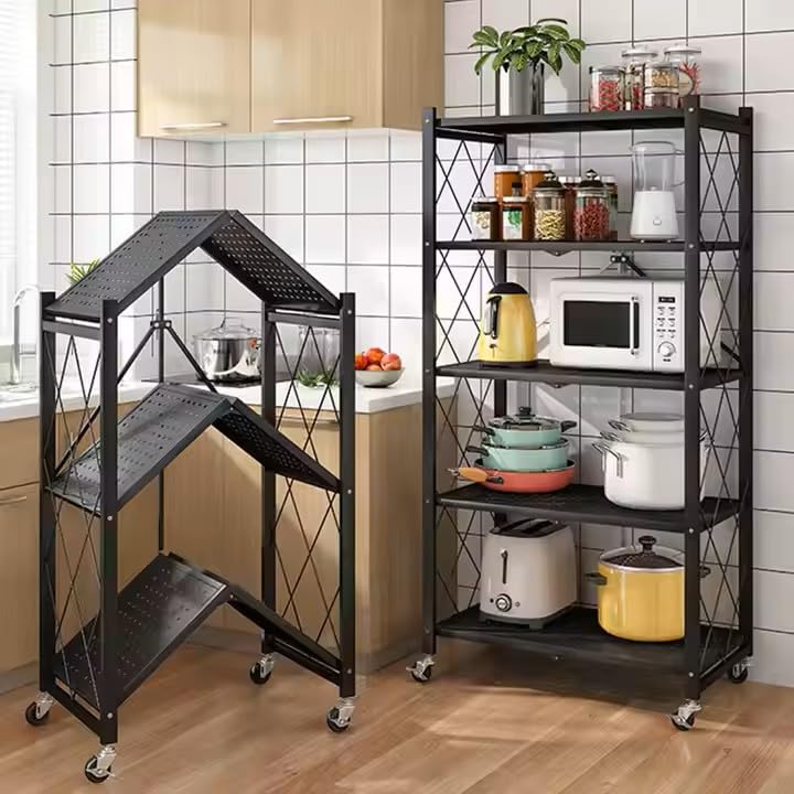Zeus Foldable Kitchen Storage Rack Heavy Duty Space Saving Multipurpose Metal Stand With Caster Wheels| Crockery Unit| Multifunc