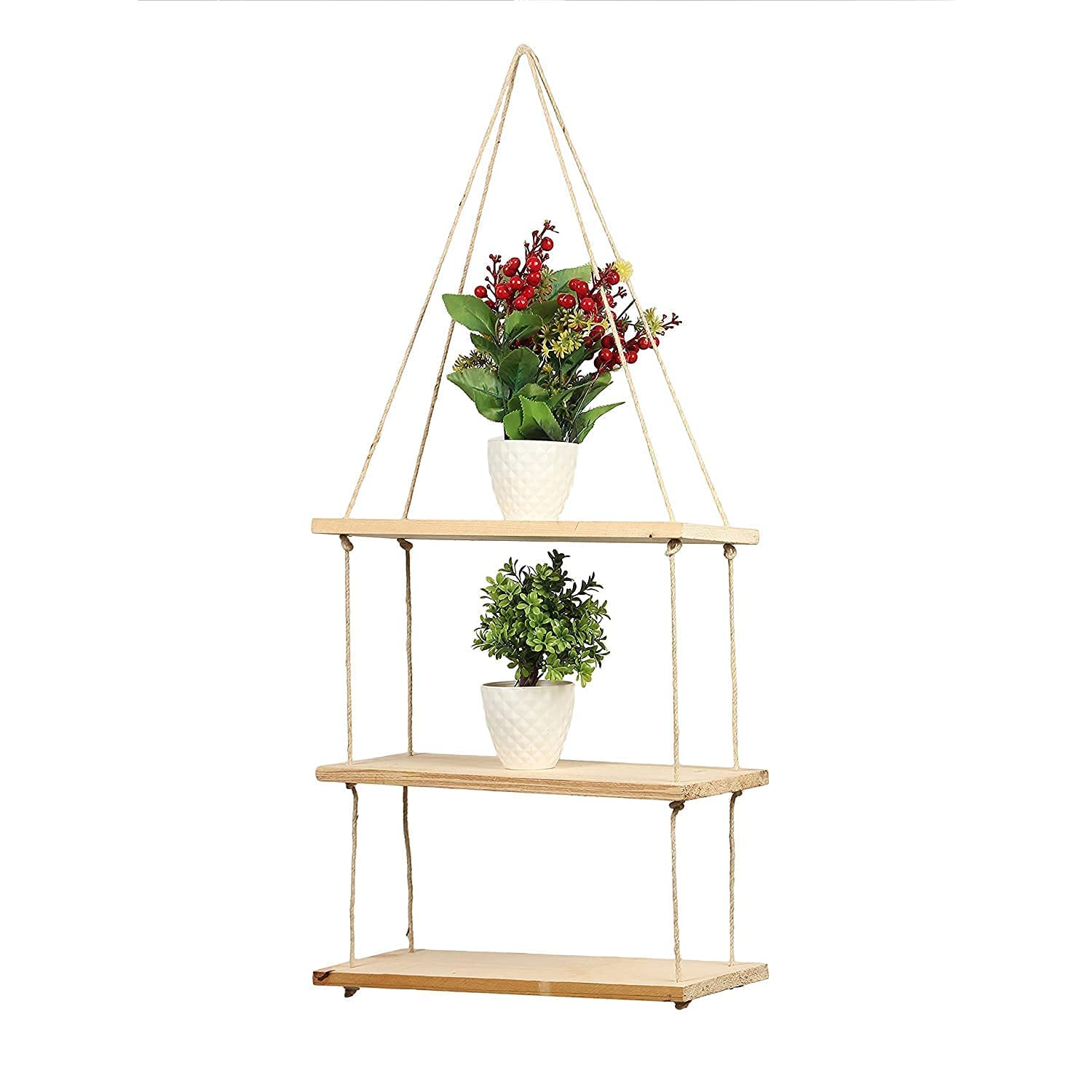 Ganvia Real Pine Wood Floating Swing Rope Shelves  Rustic Wall Mounted Hanging Shelves For Living Room, Home & Office Decor | D