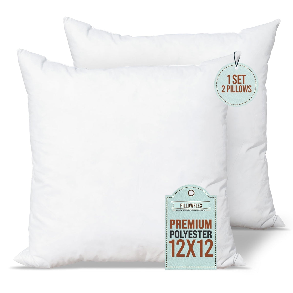 Pillowflex Set Of 2 (12X12) Premium Polyester Pillow Inserts - European Square Pillow Forms, Machine Washable, Sham Pillow Inser