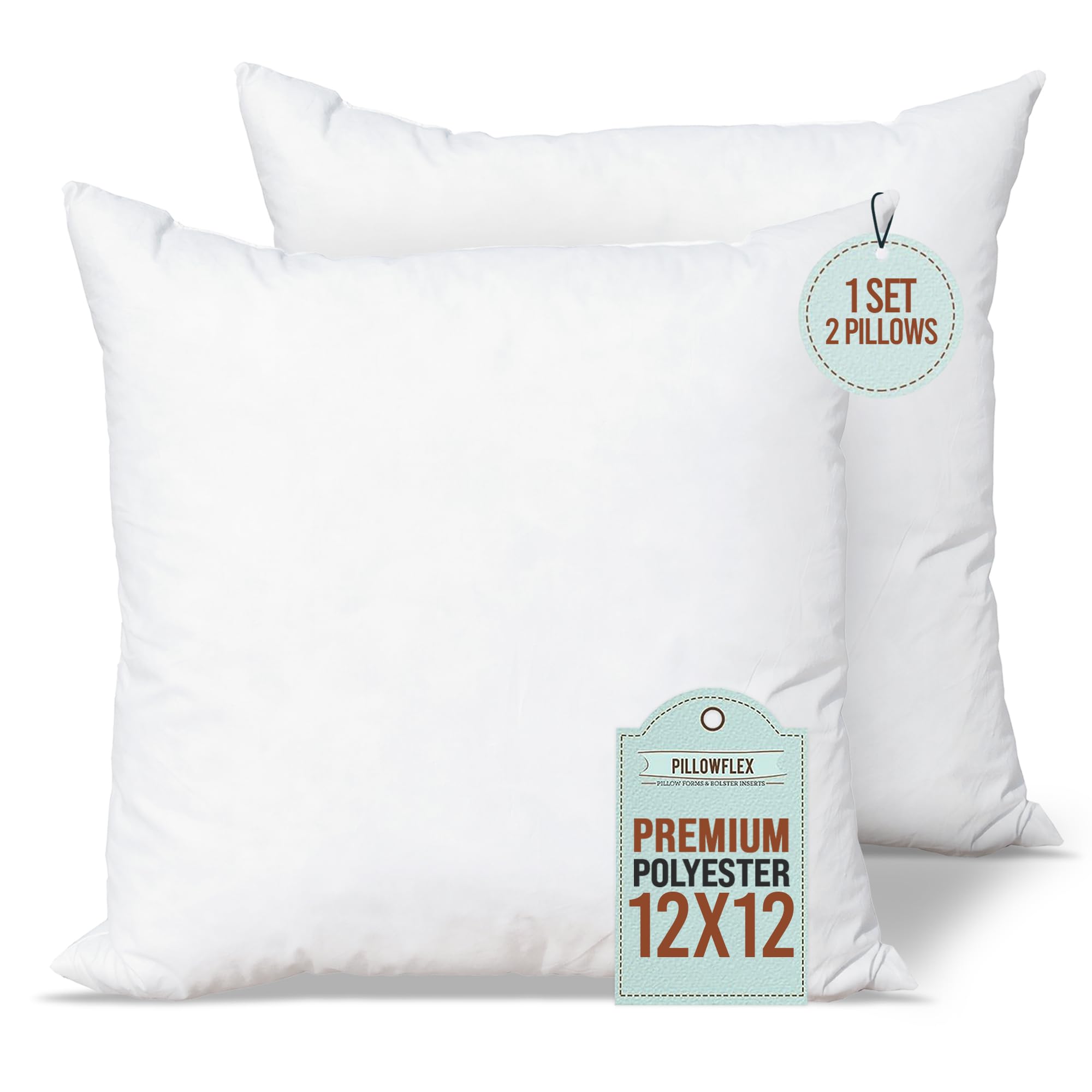 Pillowflex Set Of 2 (12X12) Premium Polyester Pillow Inserts - European Square Pillow Forms, Machine Washable, Sham Pillow Inser