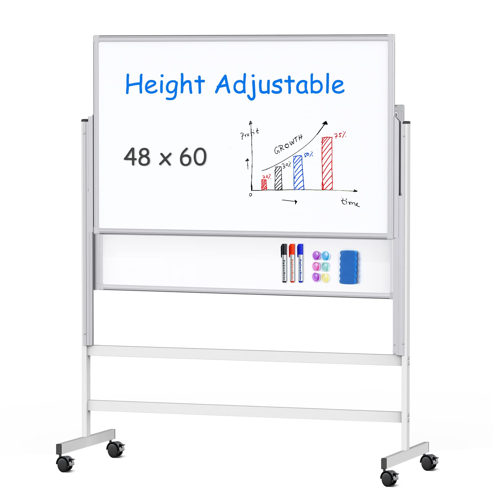 Maxtek Dry Erase Whiteboard Height Adjustable, Easel Stand Rolling White Board On Wheels - 48 X 60 Large Mobile Dry Erase Board,