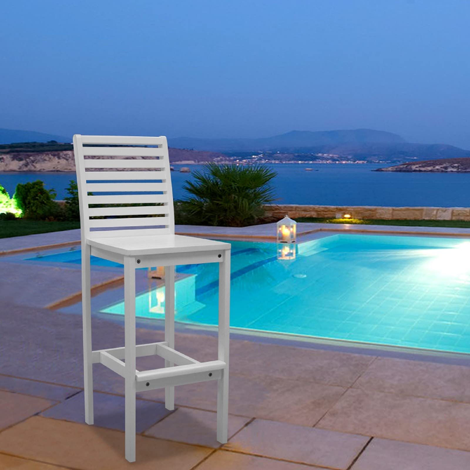 HomeRoots Wood: Acacia White Bar Chair with Horizontal Slats