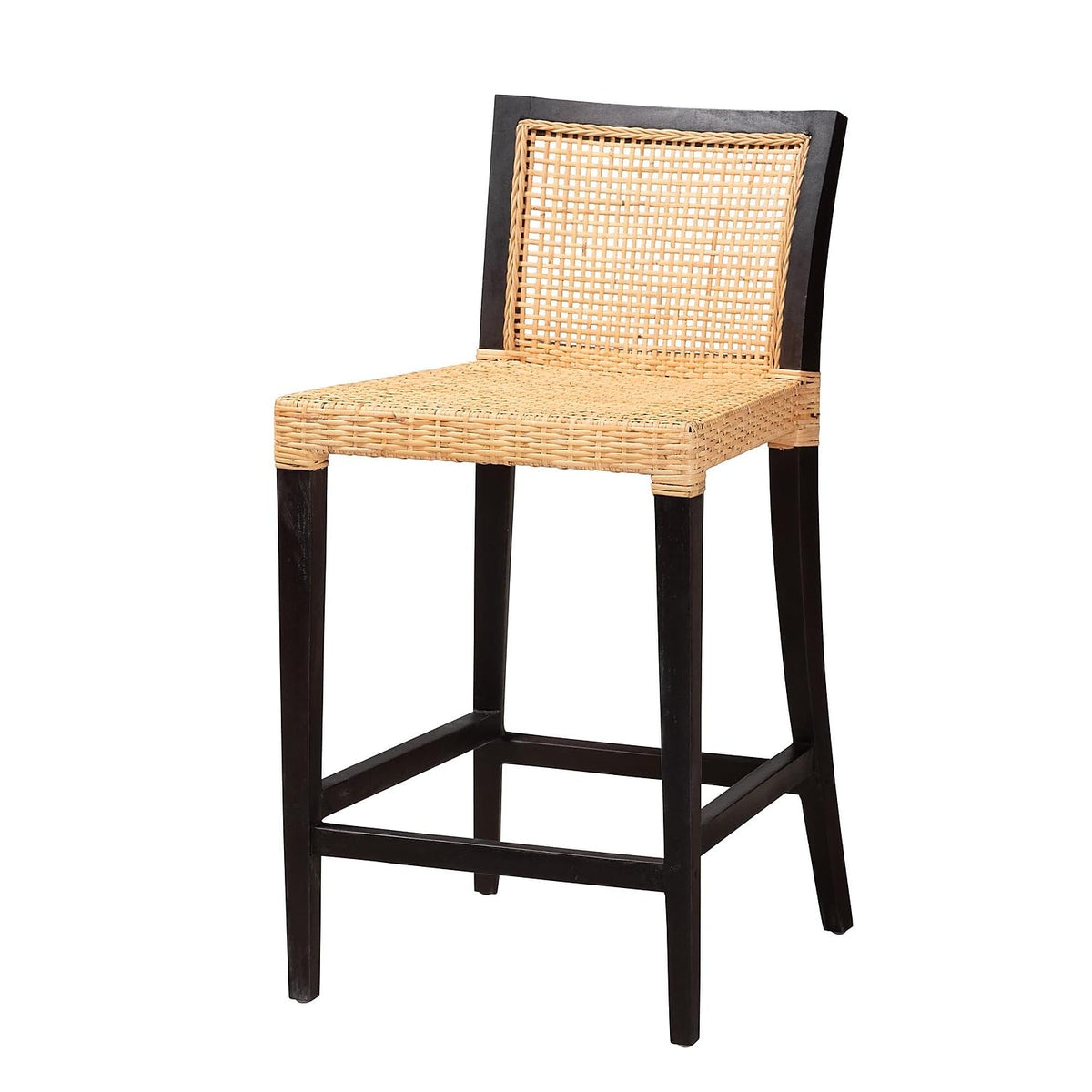 Bali & pari Lingga Modern Bohemian Dark Brown Mahogany Wood and Natural Rattan Counter Stool