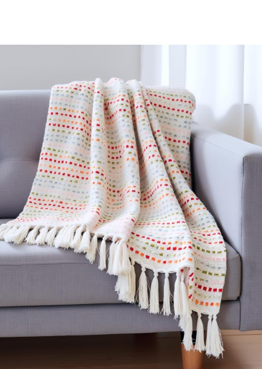 sona ghar Throw Blanket with Fringe, Cream with Colorful Striped Dots Pattern, Decorative Accent for Sofa Couch Pack of 1