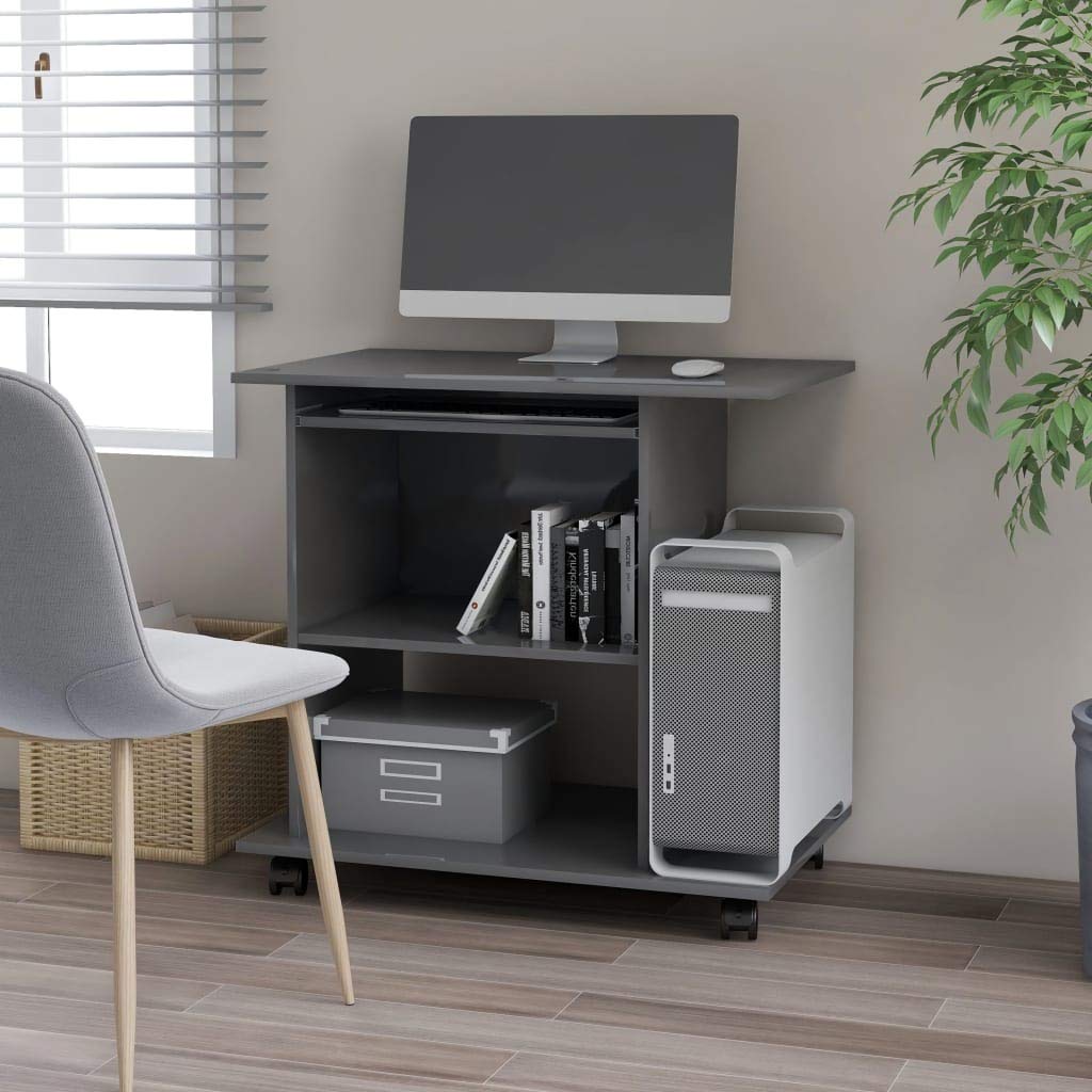vidaXL Compact Computer Desk - Engineered Wood, Space-Saving High Gloss Gray, Designed for Laptop and Desktop with Sliding Keyboard Tray, CPU Shelf, 2 Extra Shelves, Easy Mobility with Pre-Install...