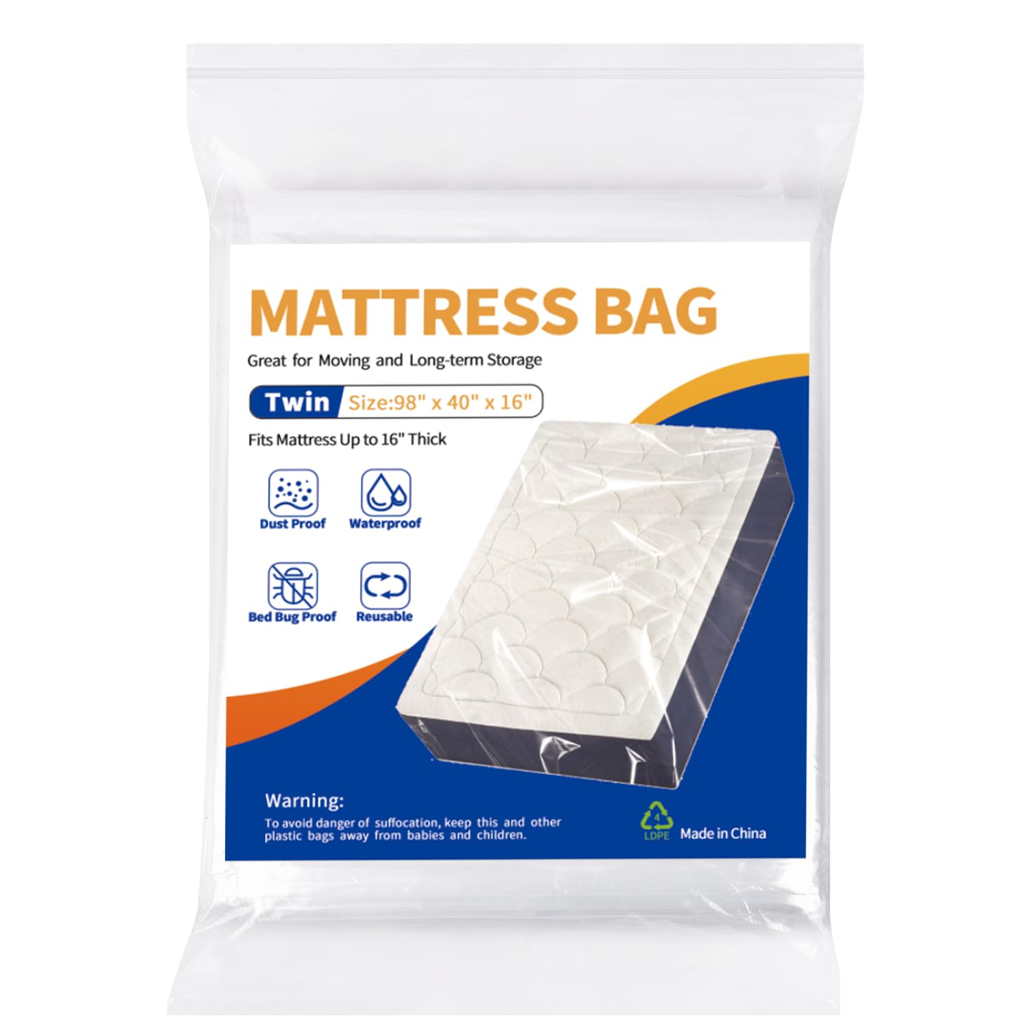 Mattress Bag For Moving Storage - Plastic Waterproof Mattress Protector Cover,Heavy-Duty Mattress Moving Supplies (1, Twin)