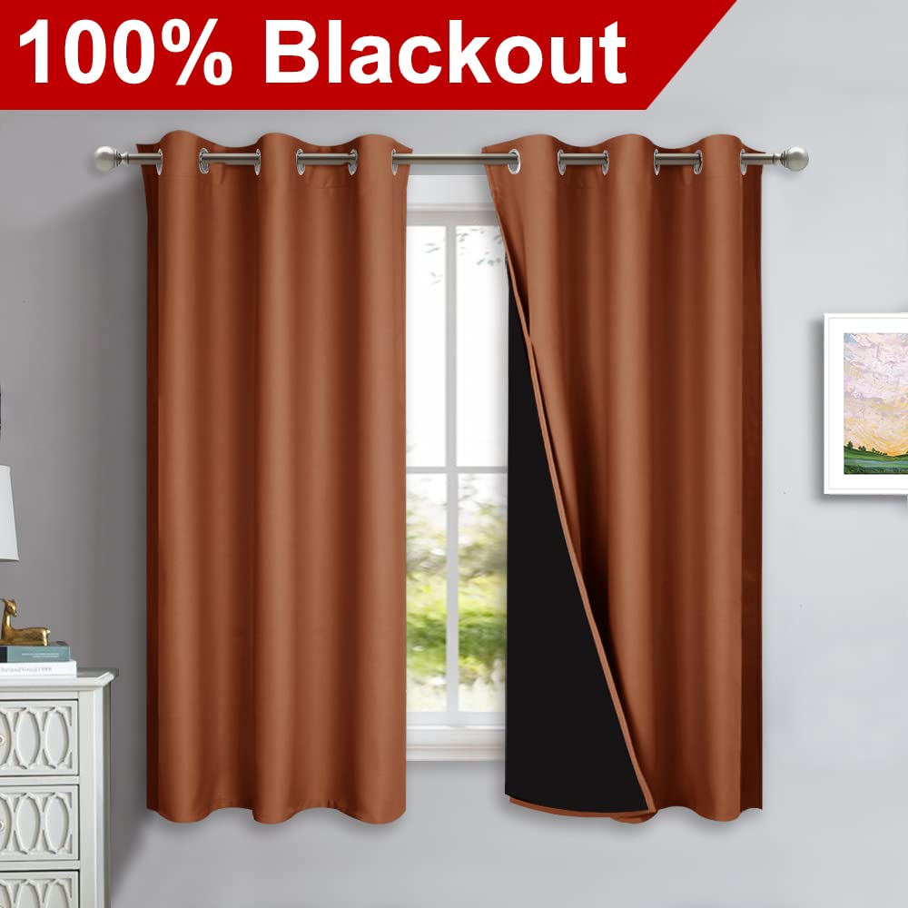 Nicetown Burnt Orange 100% Blackout Lined Curtains, 2 Thick Layers Completely Blackout Window Treatment Panels Thermal Insulated Drapes For Kitchen (1 Pair, 42' Width X 63' Length Each Panel)