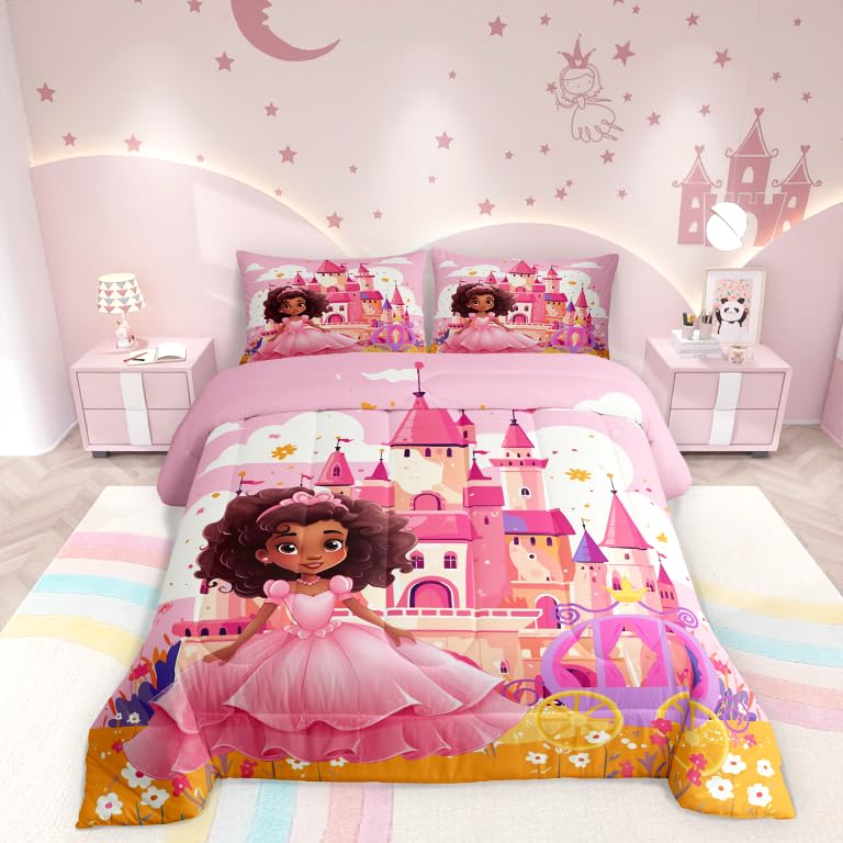 Black Princess Girls Comforter Set,Dreamy Castle Carriage Pink Floral Girly Bedding Set 3 Pcs,Fairy Tale Garden Flowers Brushed