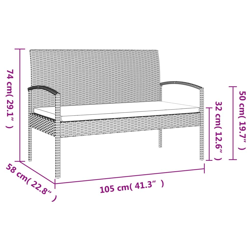 vidaXL Modern Black Patio Bench with Removable Cushion in Sturdy Poly Rattan and Powder-Coated Steel Frame - Ideal for Outdoor Living, Garden Seat with High Load Capacity