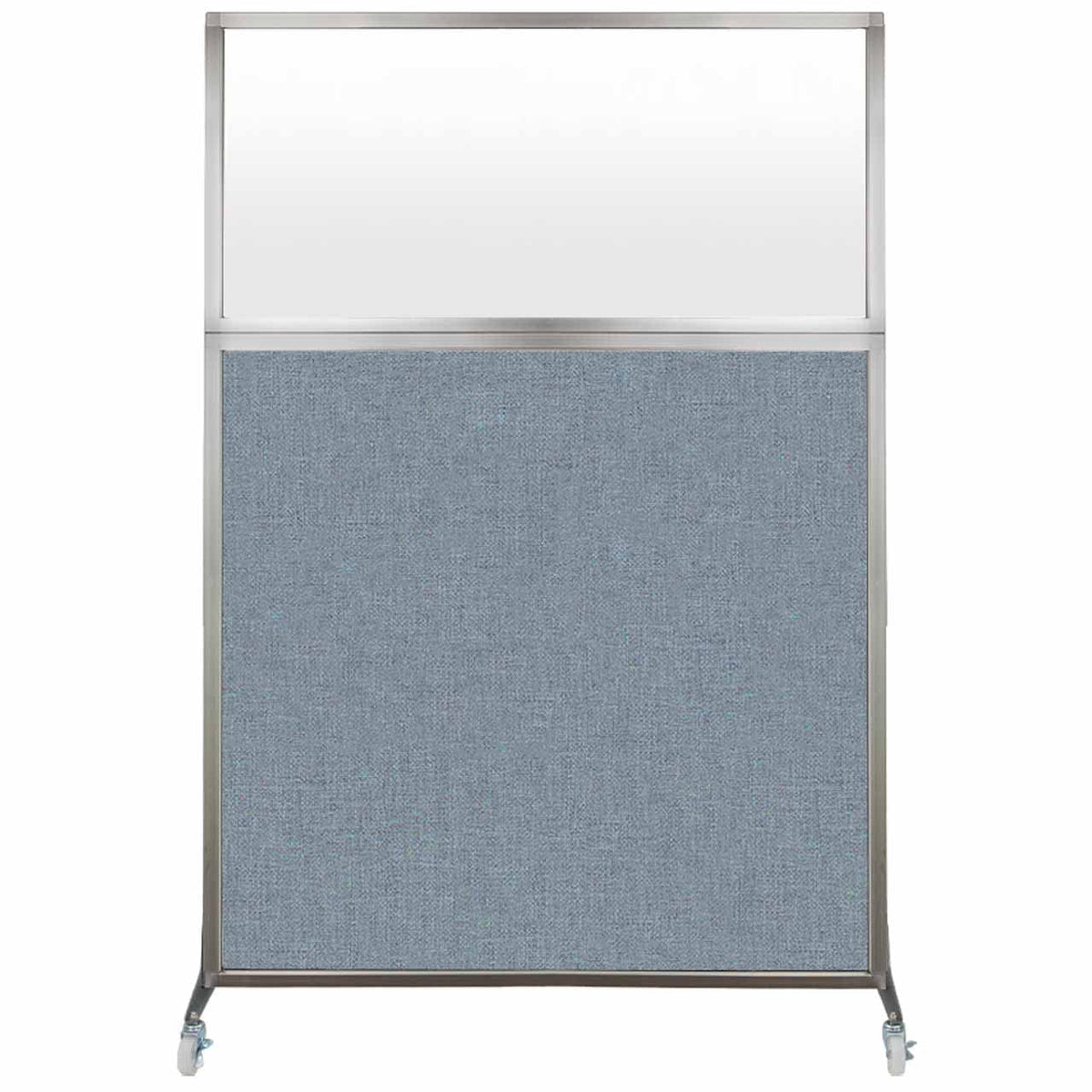 Versare Hush Screen Portable Divider | Frosted Window | Freestanding Partition On Wheels | Rolling Office Workstation | 4' Wide X 6' Tall Powder Blue Fabric Panels