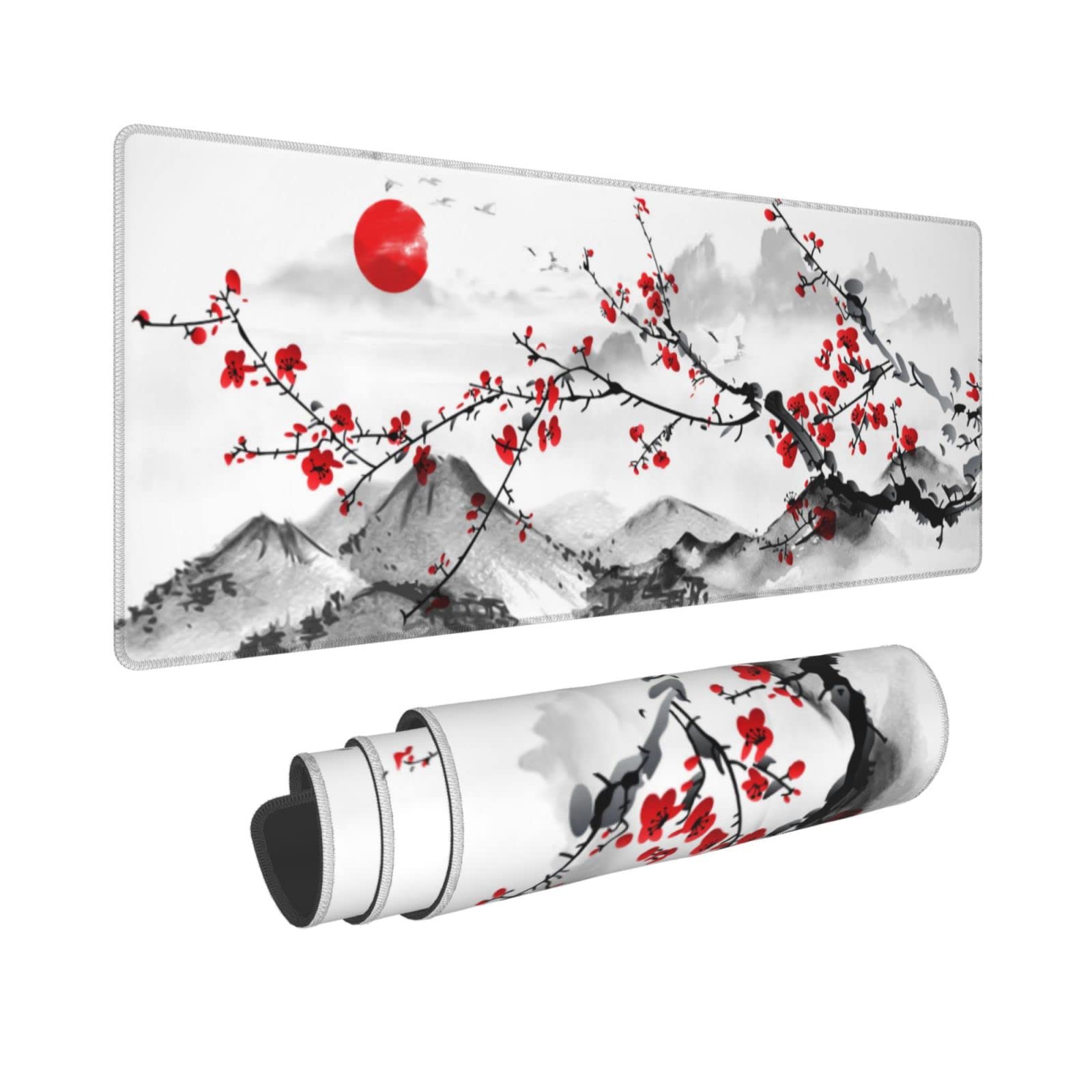 Watercolor Cherry Blossom Mouse Pad 31.5X11.8 Inch Pink Full Desk Japanese Sakura Mousepad Extended Large Non-Slip Rubber Base W