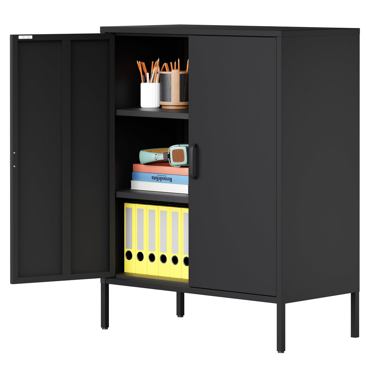 Ustamio 2 Door Black Metal Storage Cabinet With 2 Shelves, Small Metal Office Cabinet, 3 Tier Metal Locker Storage Cabinet For H