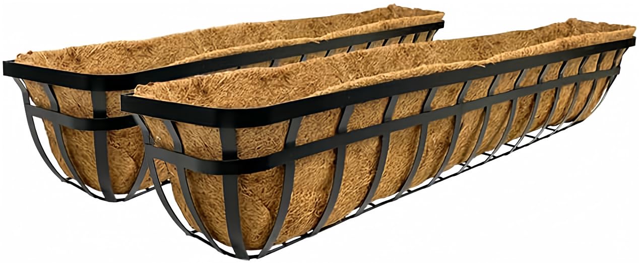 Panacea 88559 Flat Iron Series Planter Boxes, Black, 48' L, Pack Of 2 - Steel Construction With Coco Fiber Liners For Deck Or W