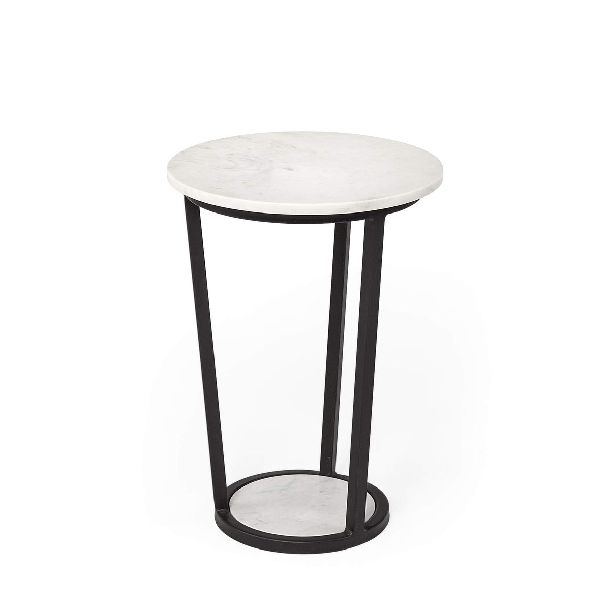 HomeRoots 15&quot; Round White Marble Top Accent Table with Black Metal Frame