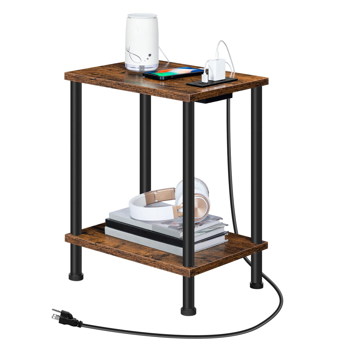Hoobro Side/End Table With Charging Station, Usb Ports And Outlet, Nightstand With 2-Layer Storage Shelves For Small Spaces, Living Room, Bedroom, Stable Frame, Rustic Brown Bf09Ubz01