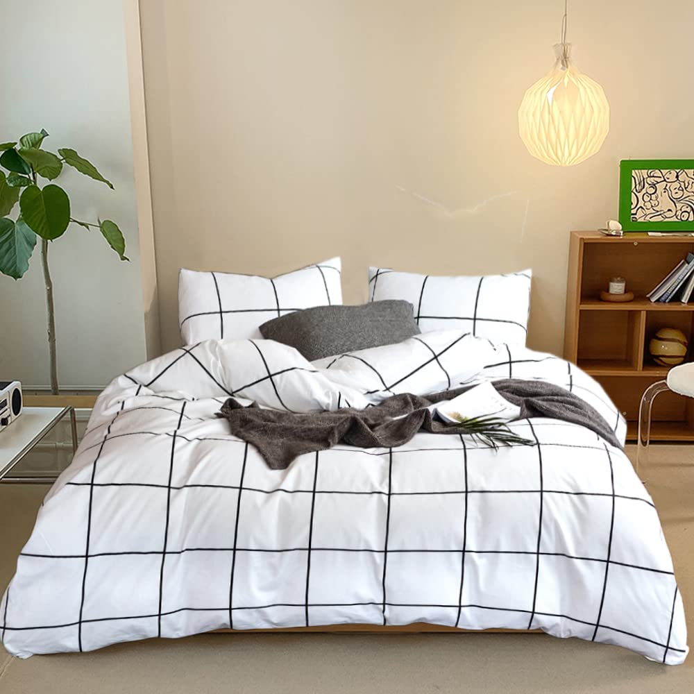 CLOTHKNOW White Plaid Comforter Set Twin 3Pcs White Black Bedding Comforter Set Grid Twin Comforter White and Black Comforter Se